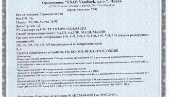 Сертификат на сварочную проволоку НАКС ESAB ОК Autrod 16.95 1,2 мм до 14.09.2020